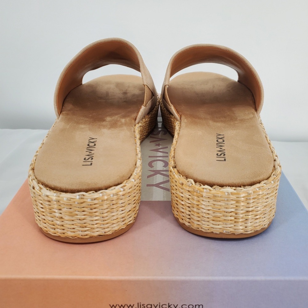 Lisa Vicky Tan Suede Platform Slide Sandals Woven Raffia Midsole Womens 8 New - Picture 7 of 10